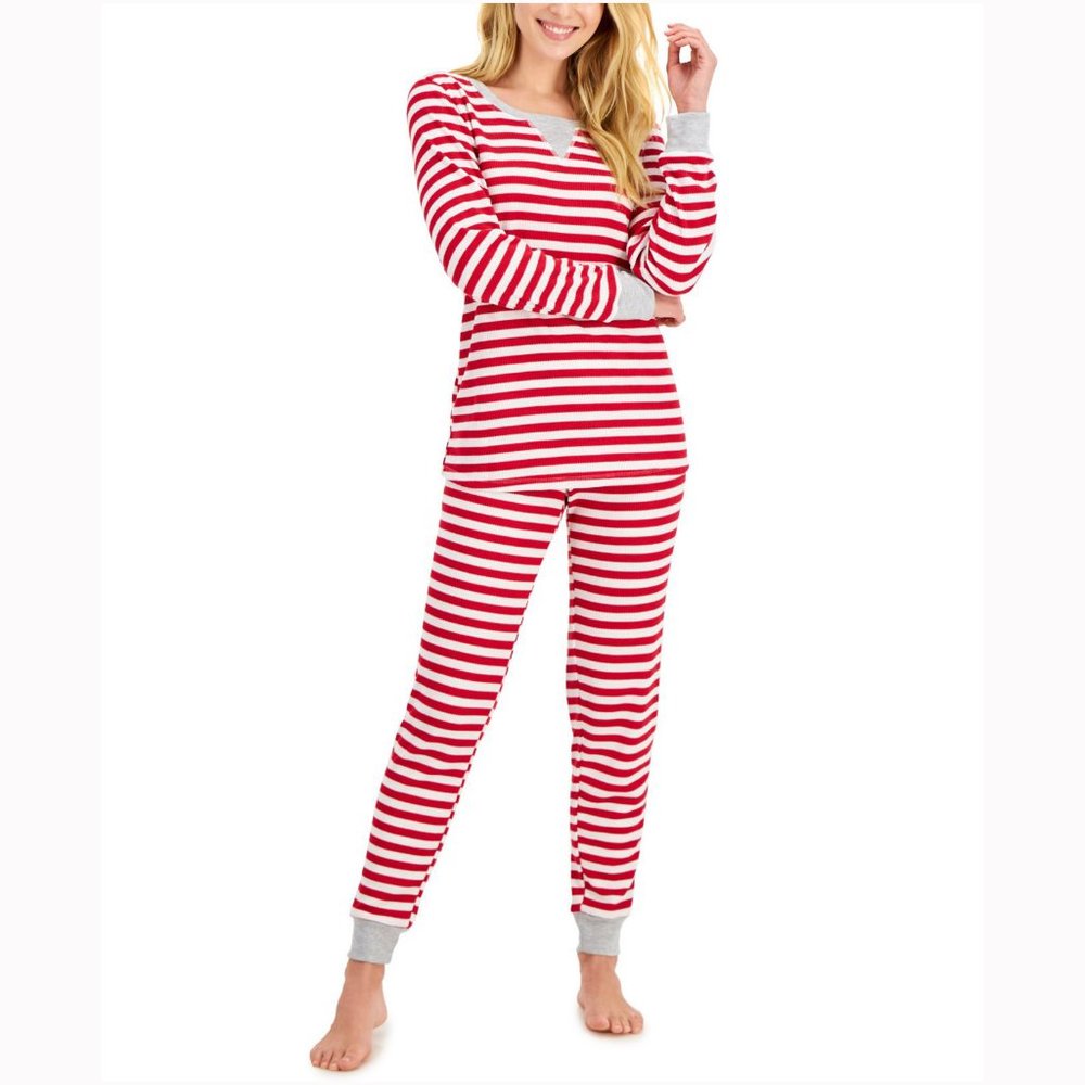 Family Pajamas Womens Matching Striped Waffle-Knit Pajama Set
